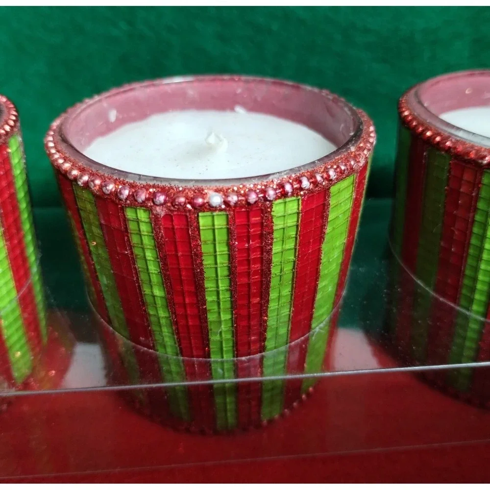 Pier 1 Imports Christmas Red & Green Mosaic Stripes Beaded Edge Votive Candles